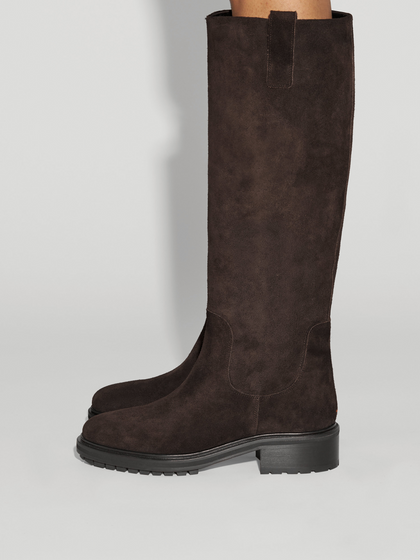 Aeyde | Henry Knee-High Boots Leather Knee High Boots for Women | Moka Suede | Round Toe | Low Heel | How to Style