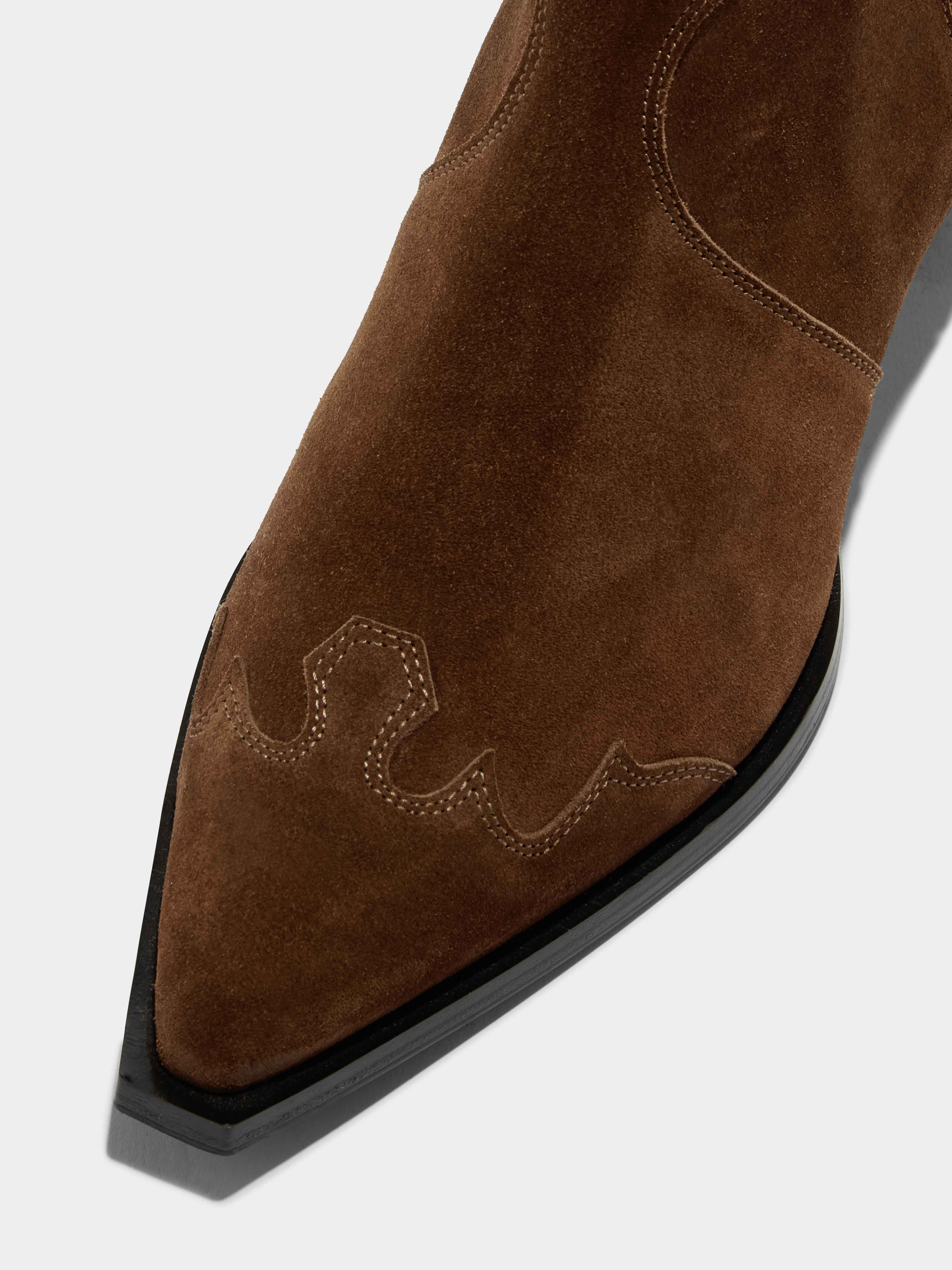 Aeyde | Hester Suede Cowboy Boots Leather Ankle Boots for Women | Brown Suede | Pointed Toe | Low Heel | Luxury Materials | Handmade in Italy