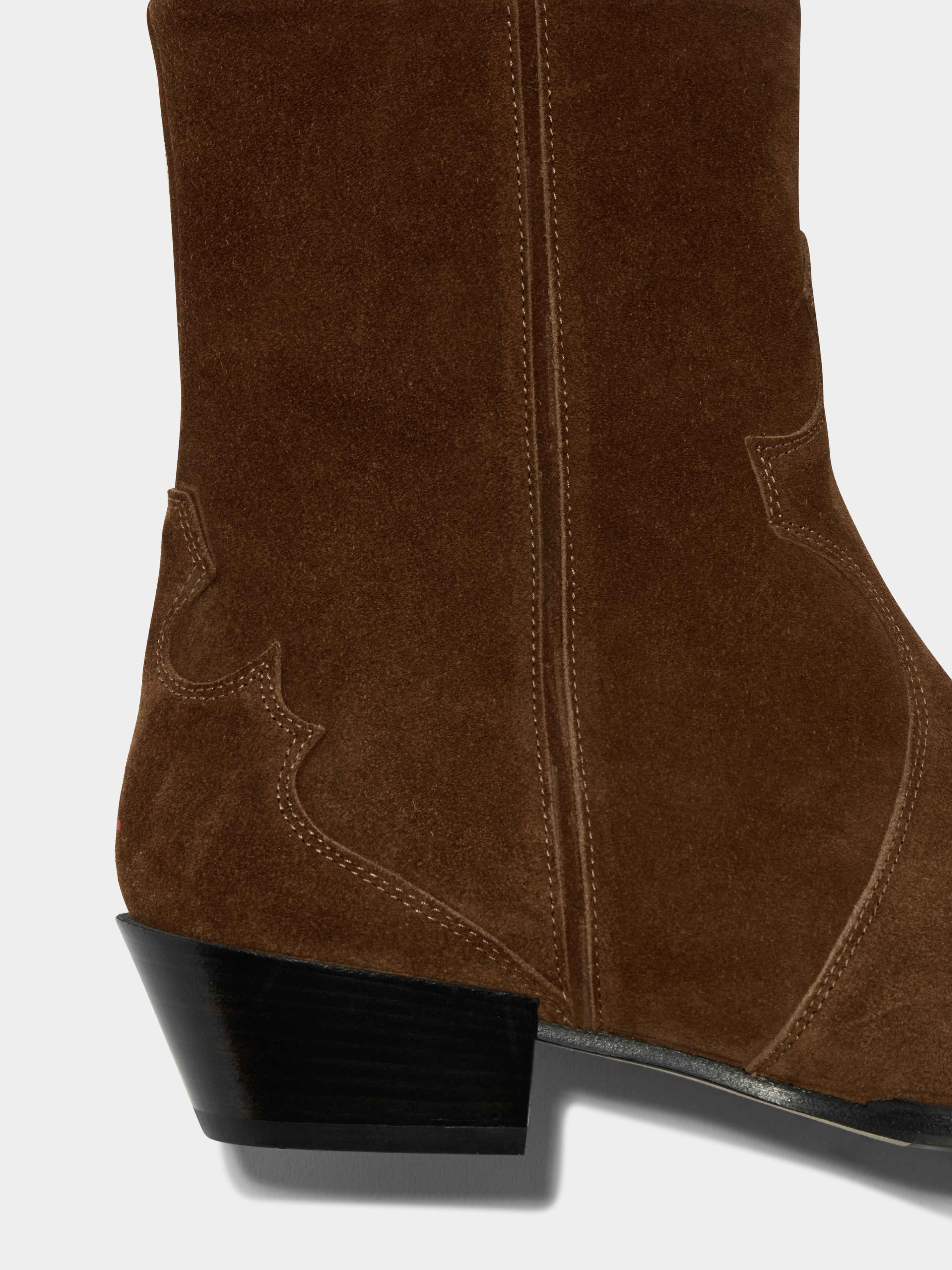 Aeyde | Hester Suede Cowboy Boots Leather Ankle Boots for Women | Brown Suede | Pointed Toe | Low Heel | Heel Details