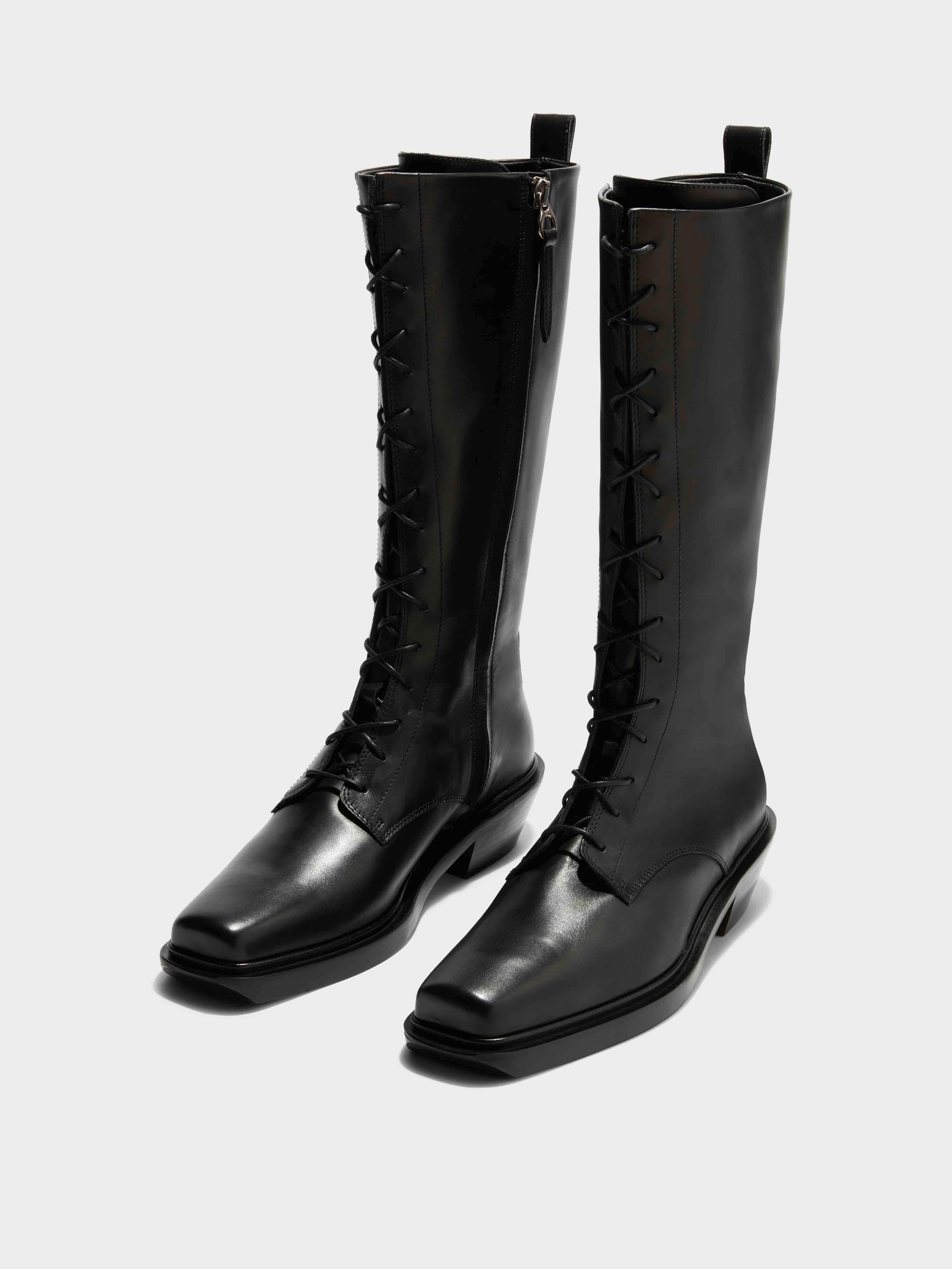 Aeyde | Hetta Leather Biker Boots Leather Ankle Boots for Women | Black Calf | Square Toe | Low Heel | On Feet