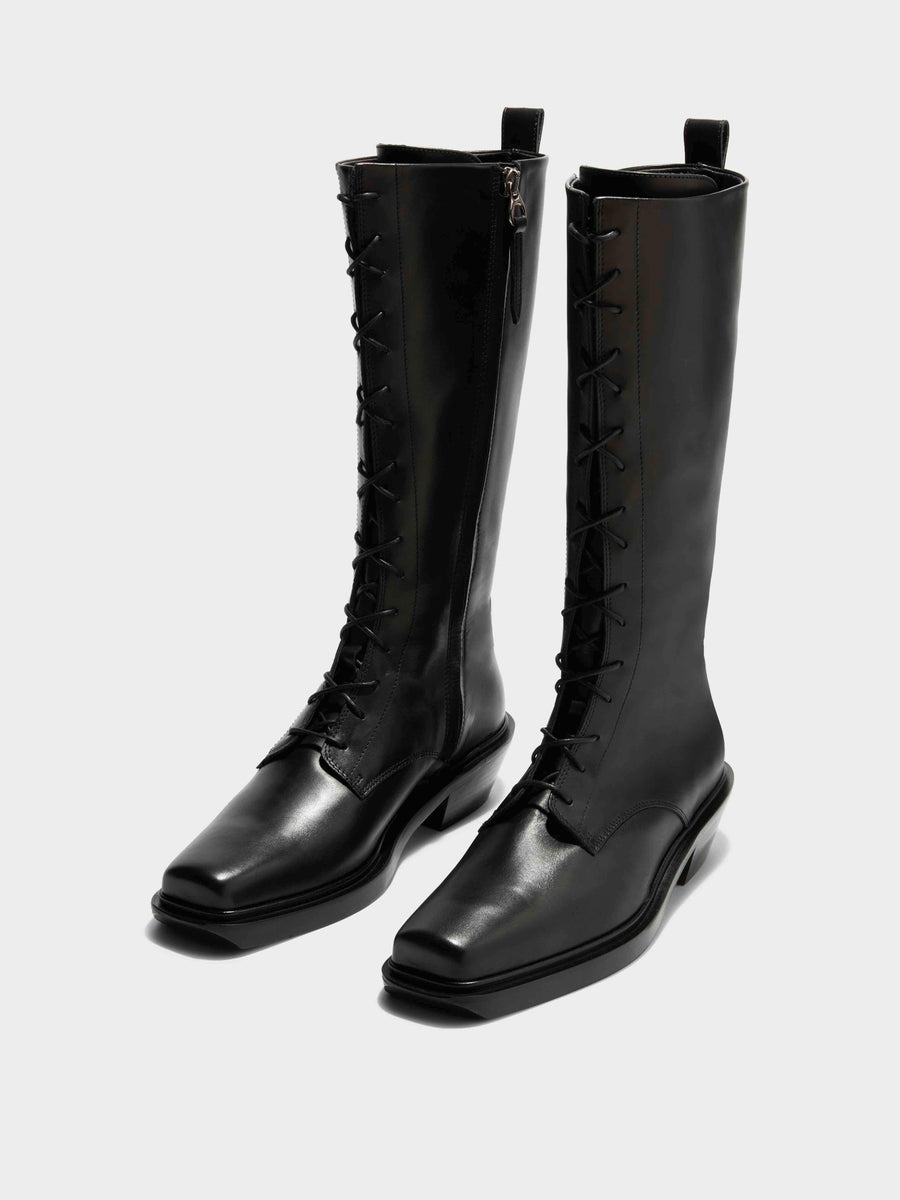 Aeyde | Hetta Leather Biker Boots Leather Ankle Boots for Women | Black Calf | Square Toe | Low Heel | On Feet