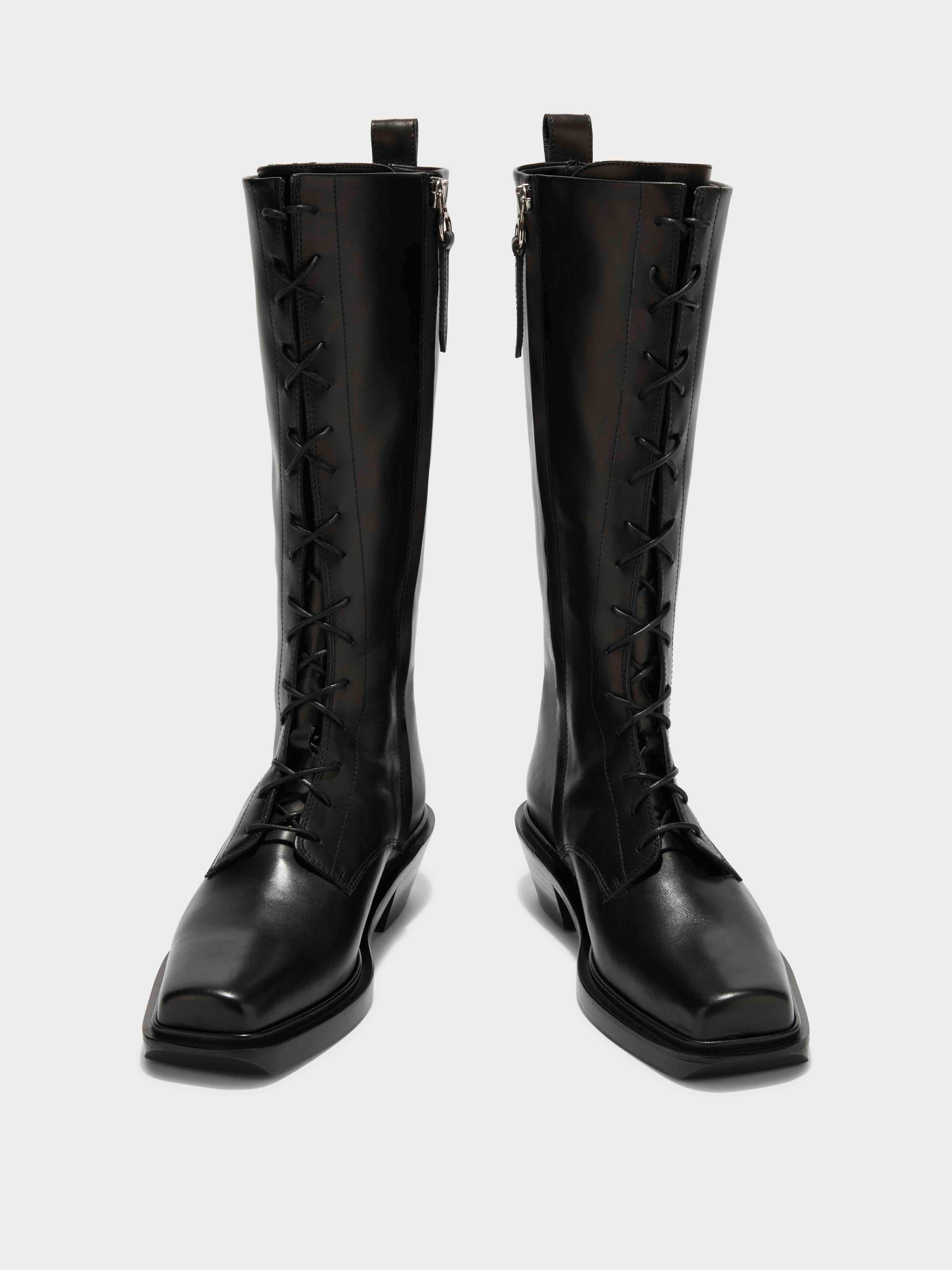 Aeyde | Hetta Leather Biker Boots Leather Ankle Boots for Women | Black Calf | Square Toe | Low Heel | Front View