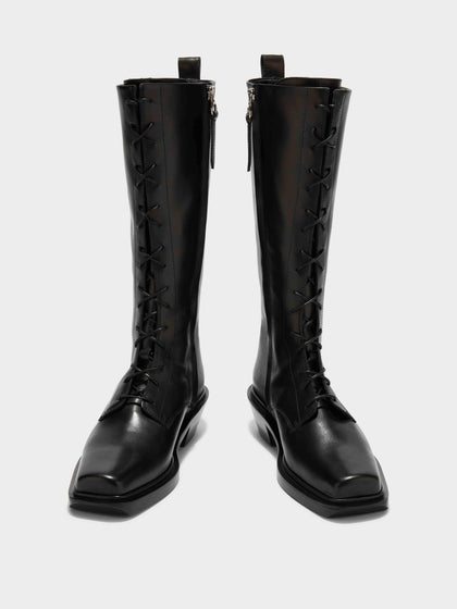 Aeyde | Hetta Leather Biker Boots Leather Ankle Boots for Women | Black Calf | Square Toe | Low Heel | Front View