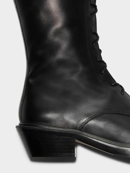 Aeyde | Hetta Leather Biker Boots Leather Ankle Boots for Women | Black Calf | Square Toe | Low Heel | Heel Details