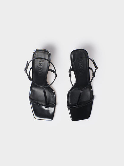 Aeyde | Hilma Leather T-Bar Sandals Leather Heeled Sandals for Women | Black Polido | Square Toe | Mid Heel | Heel Details