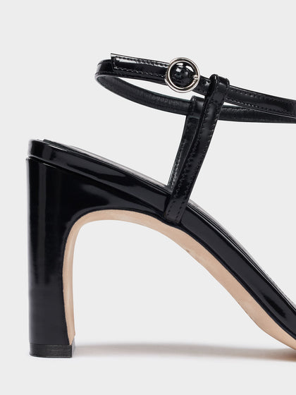 Aeyde | Hilma Leather T-Bar Sandals Leather Heeled Sandals for Women | Black Polido | Square Toe | Mid Heel | Luxury Materials | Handmade in Italy