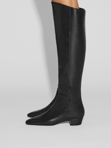 Aeyde | Ilaria Knee-High Boots Leather Knee High Boots for Women | Black Calf | Square Toe | Low Heel | How to Style