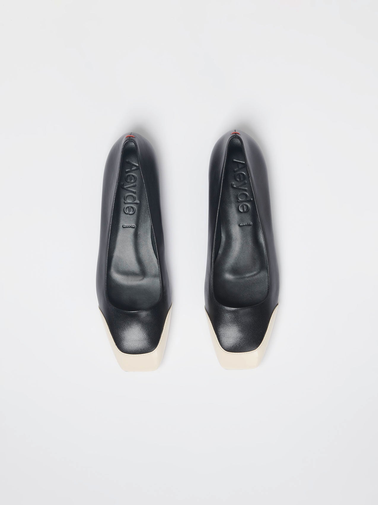 Aeyde | Iris Leather and Patent Ballet Flats Leather Flats for Women | Black/Creamy Nappa/Patent | Square Toe | Flat Heel | Heel Details