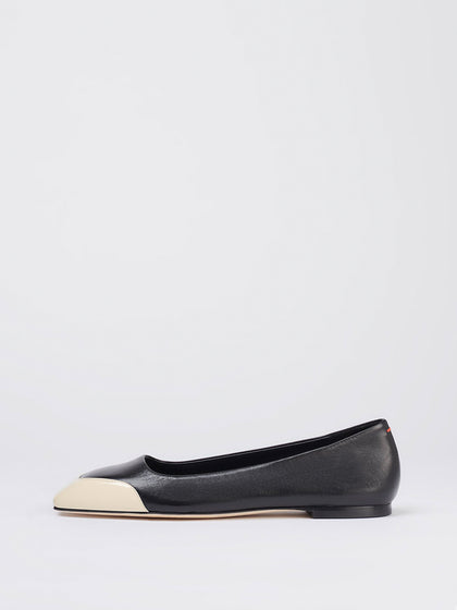 Aeyde | Iris Leather and Patent Ballet Flats Leather Flats for Women | Black/Creamy Nappa/Patent | Square Toe | Flat Heel | Side View