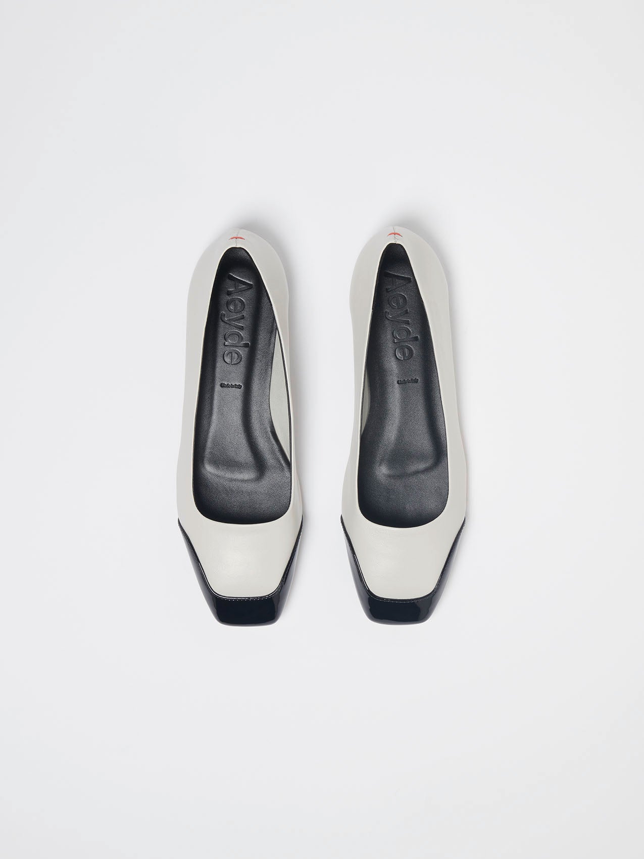 Aeyde | Iris Chalk/Black Nappa/Patent Leather Flats for Women | Chalk/Black Nappa/Patent | Square Toe | Flat Heel | Heel Details