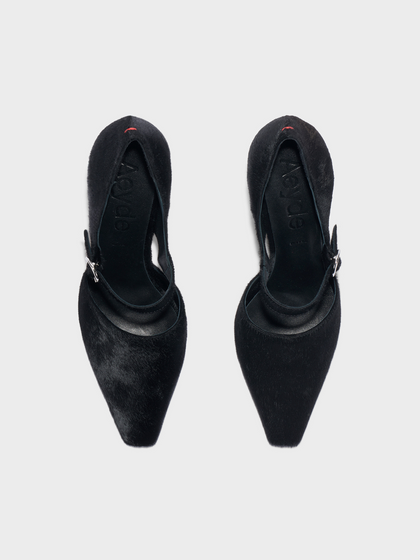 Aeyde | Isidora Pony Hair Pumps Leather Pumps for Women | Black Ponyhair | Square Toe | High Heel | Heel Details