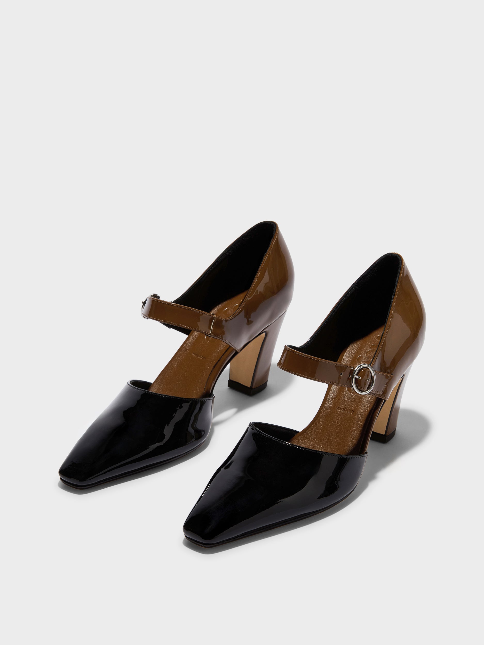 Aeyde | Isidora Leather Pumps for Women | Tobacco/Black Patent | Square Toe | High Heel | Luxury Materials | Handmade in Italy