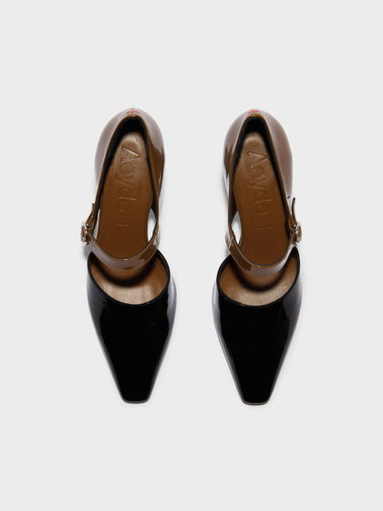 Aeyde | Isidora Leather Pumps for Women | Tobacco/Black Patent | Square Toe | High Heel | Front View
