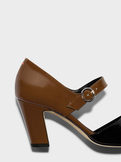 Aeyde | Isidora Leather Pumps for Women | Tobacco/Black Patent | Square Toe | High Heel | Heel Details