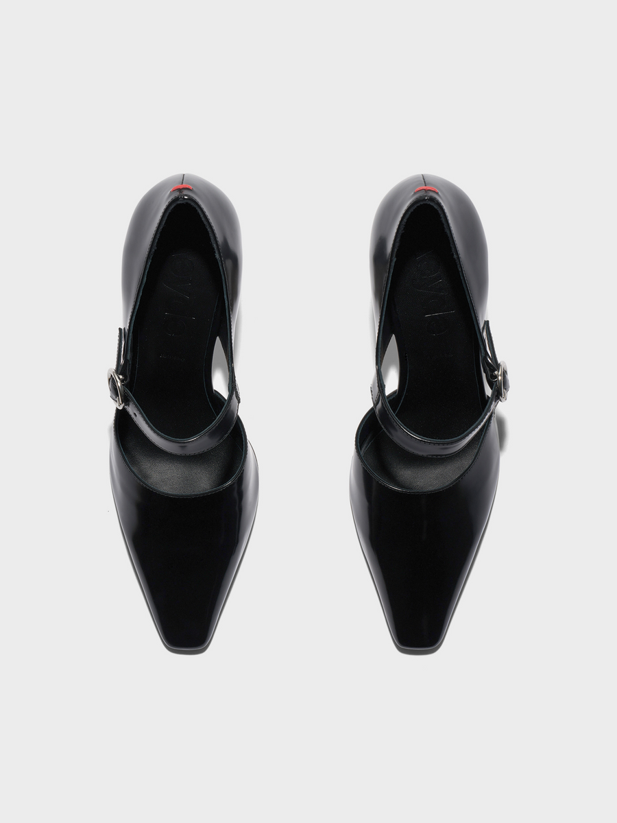 Aeyde | Isidora Mary-Jane Pumps Leather Pumps for Women | Black Polido | Square Toe | High Heel | Front View
