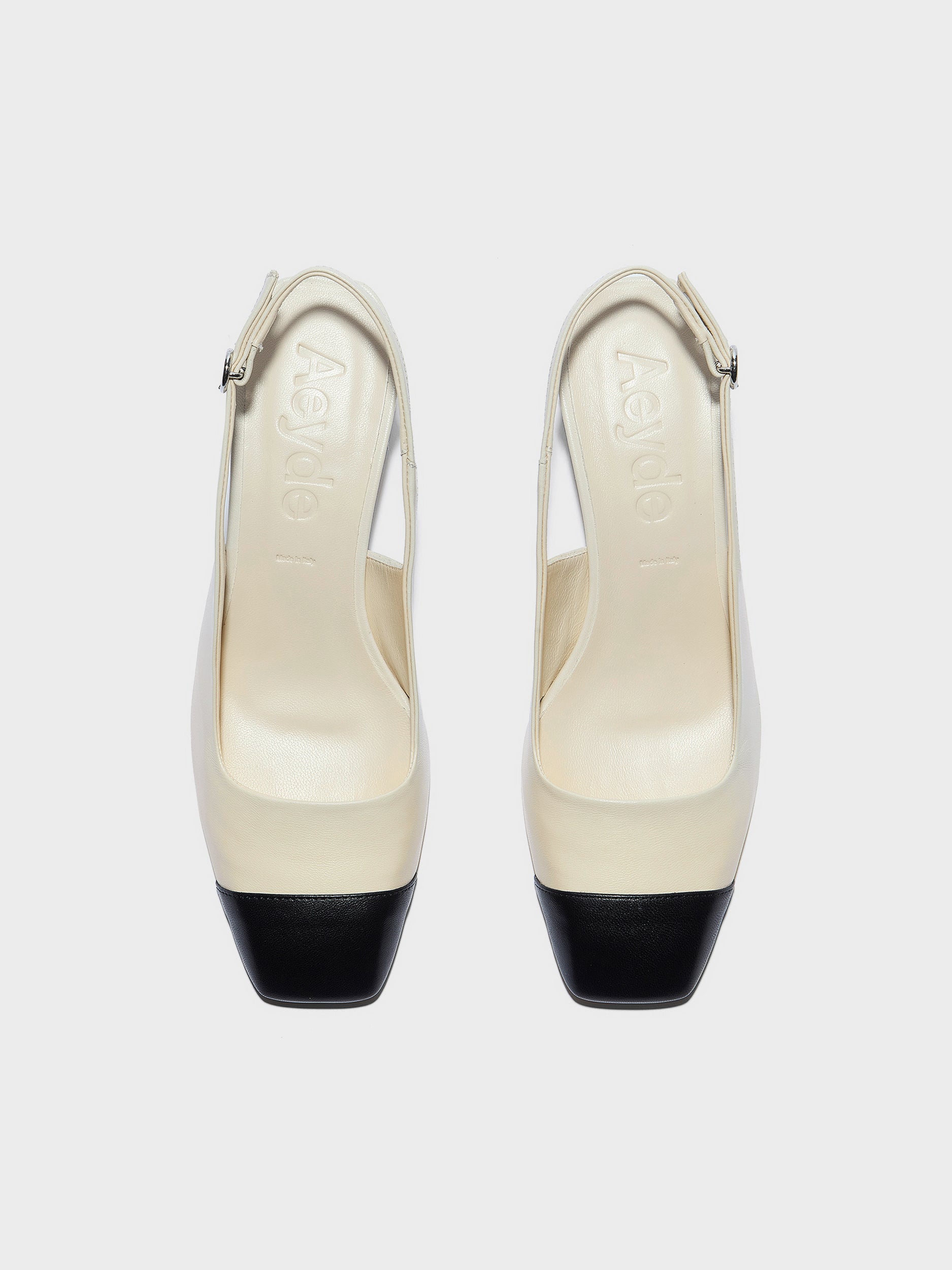 Aeyde | Jacqui Leather Pumps for Women | Creamy/Black Nappa | Square Toe | Low Heel | Front View