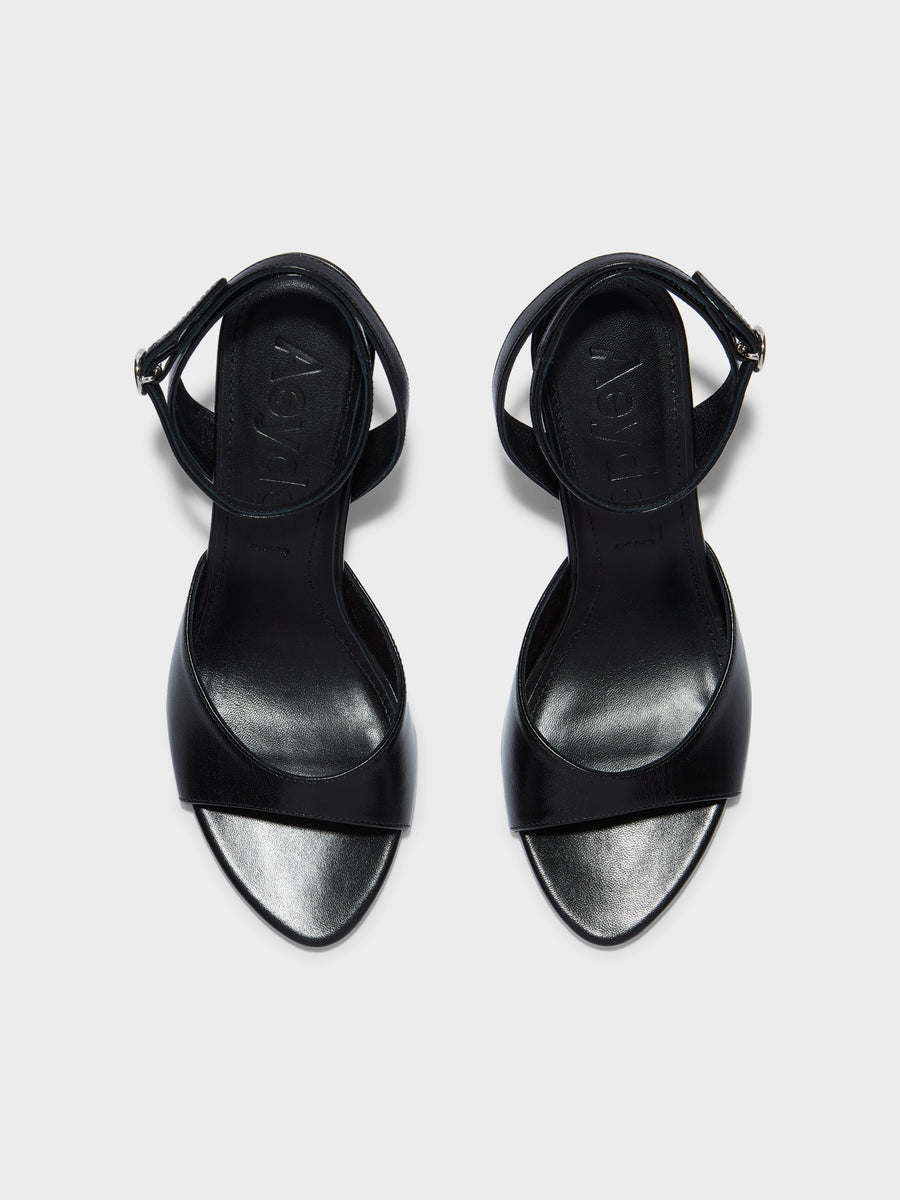 Aeyde | Jada Leather Heeled Sandals for Women | Black Nappa | Round Toe | High Heel | Front View
