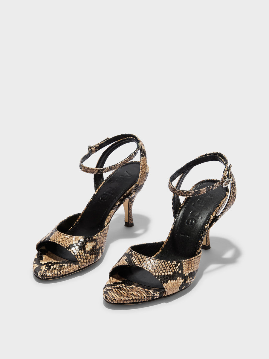 Aeyde | Jada Leather Heeled Sandals for Women | Hazelnut Snake | Round Toe | High Heel | Luxury Materials | Handmade in Italy
