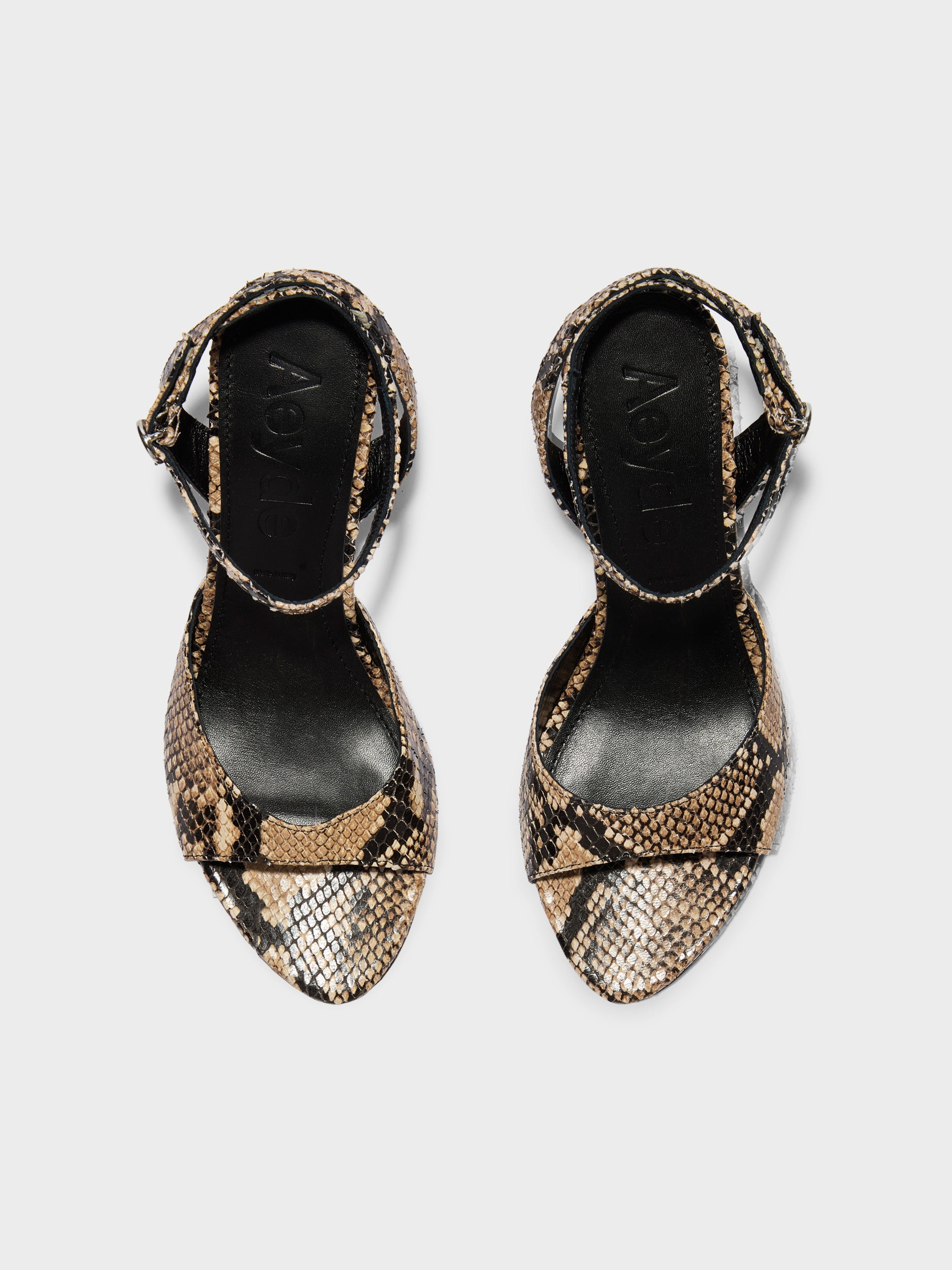 Aeyde | Jada Leather Heeled Sandals for Women | Hazelnut Snake | Round Toe | High Heel | Front View