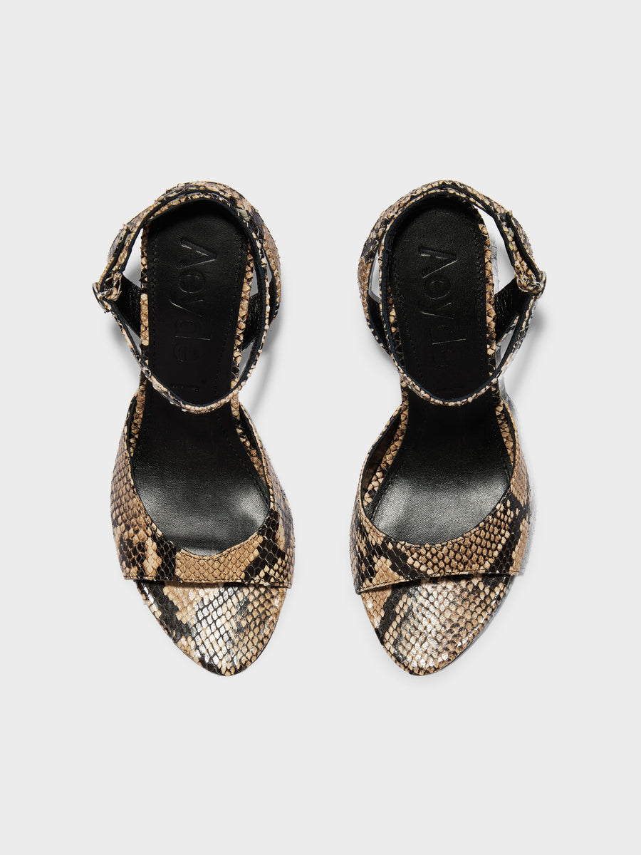 Aeyde | Jada Leather Heeled Sandals for Women | Hazelnut Snake | Round Toe | High Heel | Front View