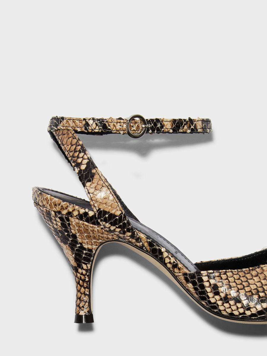 Aeyde | Jada Leather Heeled Sandals for Women | Hazelnut Snake | Round Toe | High Heel | Heel Details