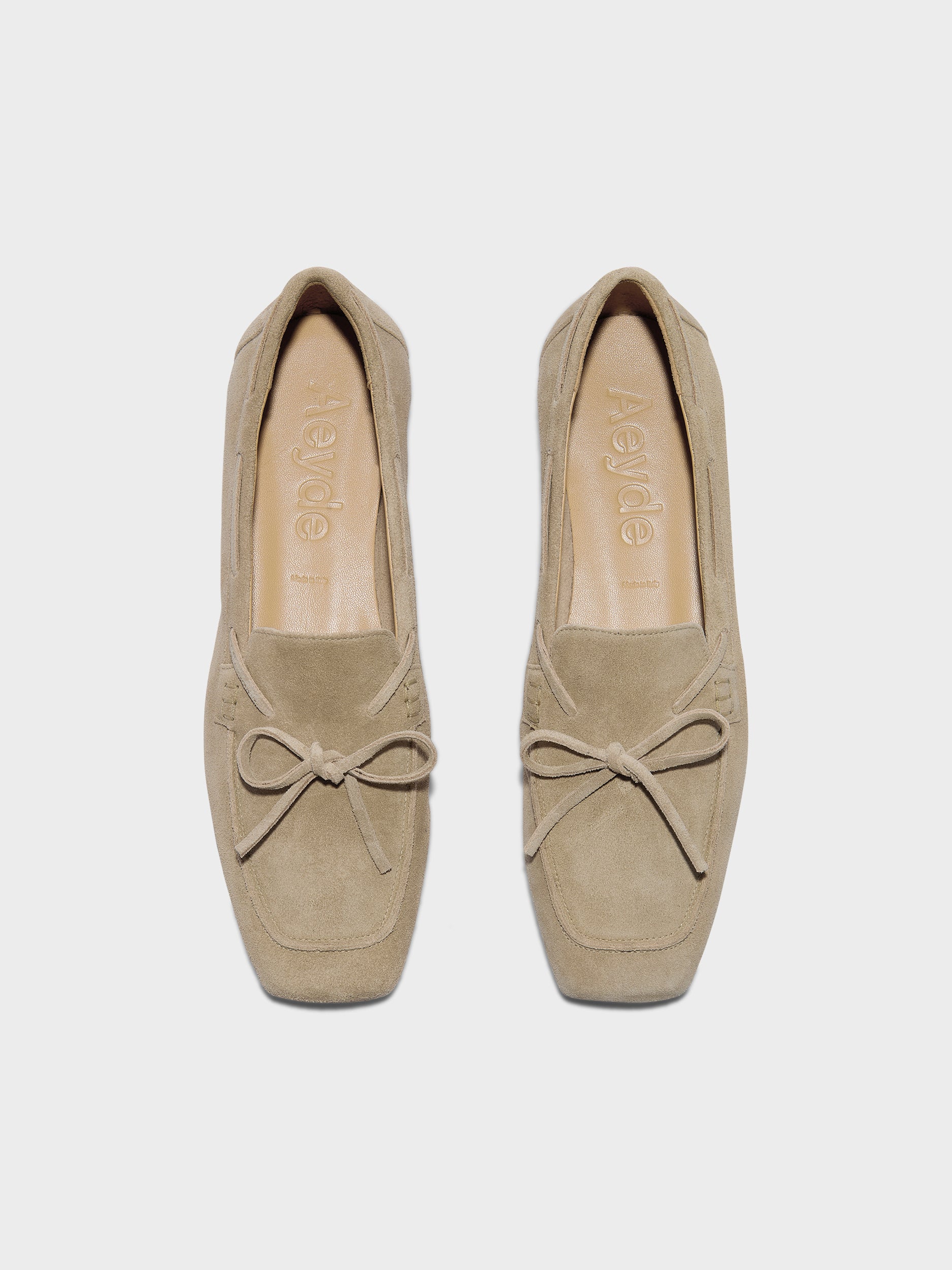 Aeyde | Jasper Leather Flats for Women | Sand Suede | Square Toe | Flat Heel | Front View