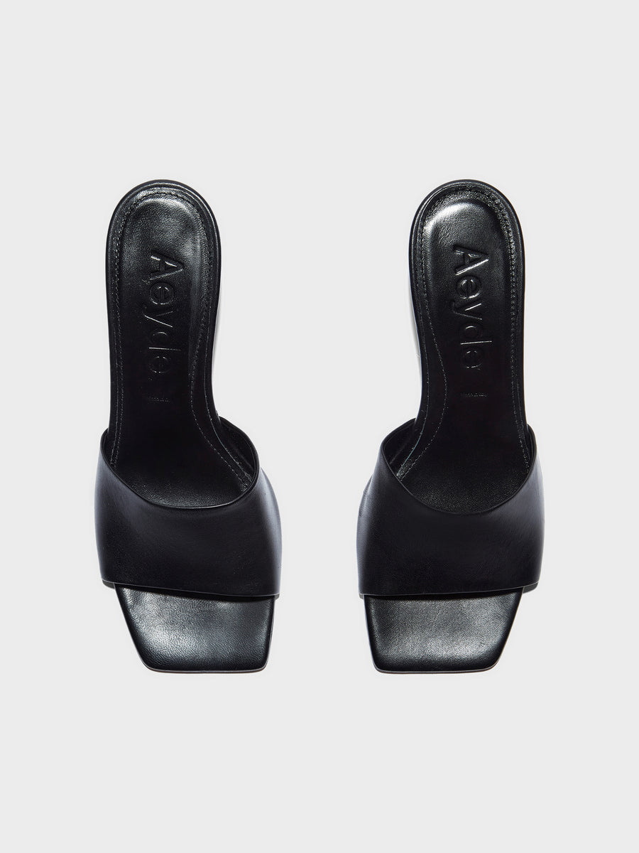 Aeyde | Jessie Leather Heeled Sandals for Women | Black Nappa | Square Toe | Mid Heel | Front View