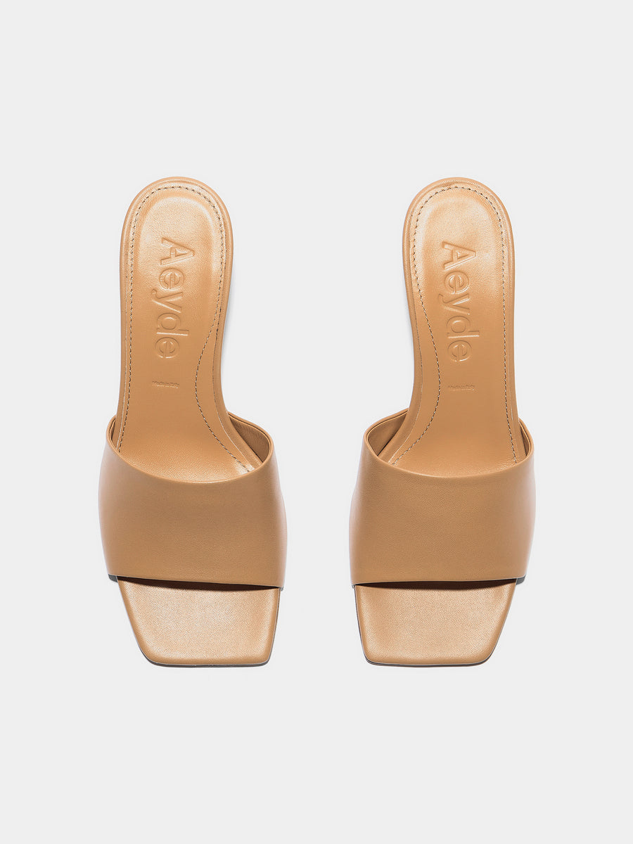 Aeyde | Jessie Leather Heeled Sandals for Women | Hazelnut Nappa | Square Toe | Mid Heel | Front View