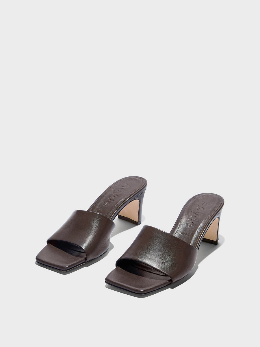 Aeyde | Jessie Leather Heeled Sandals for Women | Moka Nappa | Square Toe | Mid Heel | Luxury Materials | Handmade in Italy