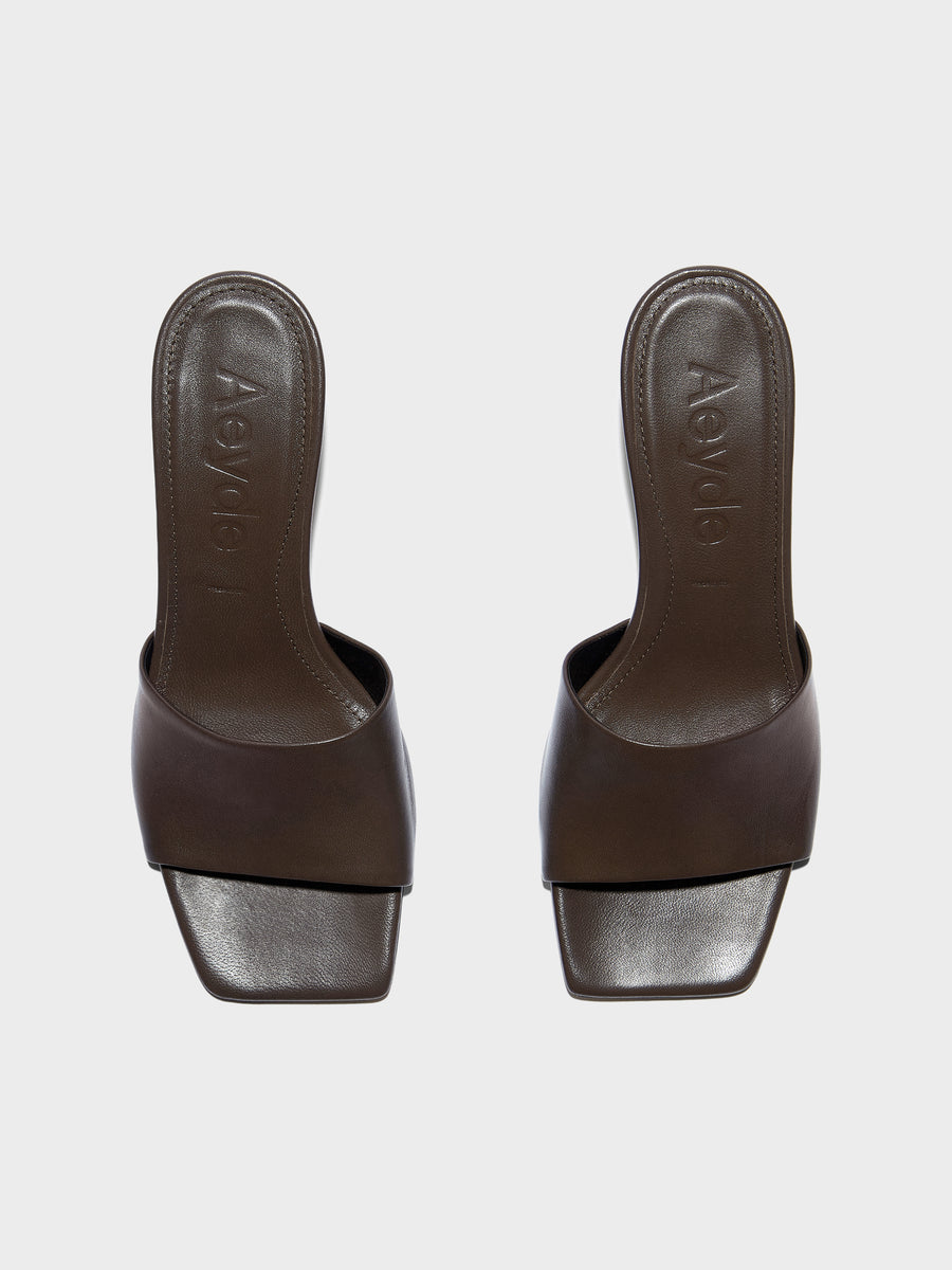 Aeyde | Jessie Leather Heeled Sandals for Women | Moka Nappa | Square Toe | Mid Heel | Front View