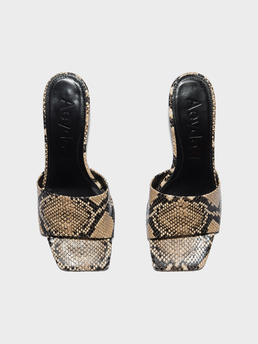 Aeyde | Jessie Leather Heeled Sandals for Women | Hazelnut Snake | Square Toe | Mid Heel | Front View
