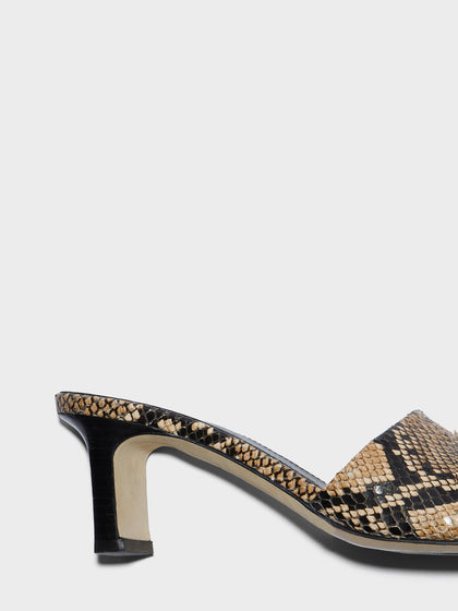 Aeyde | Jessie Leather Heeled Sandals for Women | Hazelnut Snake | Square Toe | Mid Heel | Heel Details