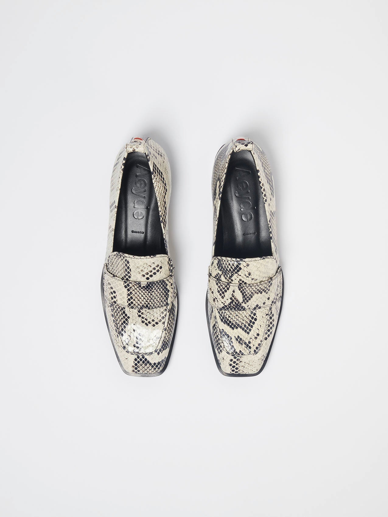 Aeyde | Julie Leather Loafers Leather Flats, Loafers for Women | Creamy Snake | Square Toe | Low Heel | Heel Details