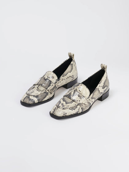 Aeyde | Julie Leather Loafers Leather Flats, Loafers for Women | Creamy Snake | Square Toe | Low Heel | On Feet