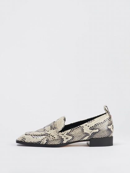 Aeyde | Julie Leather Loafers Leather Flats, Loafers for Women | Creamy Snake | Square Toe | Low Heel | Side View