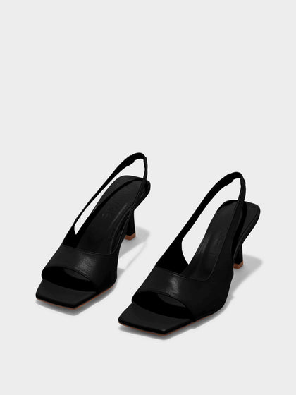 Aeyde | Juno Leather Slingback Sandals Leather Heeled Sandals for Women | Black Nappa | Square Toe | High Heel | On Feet