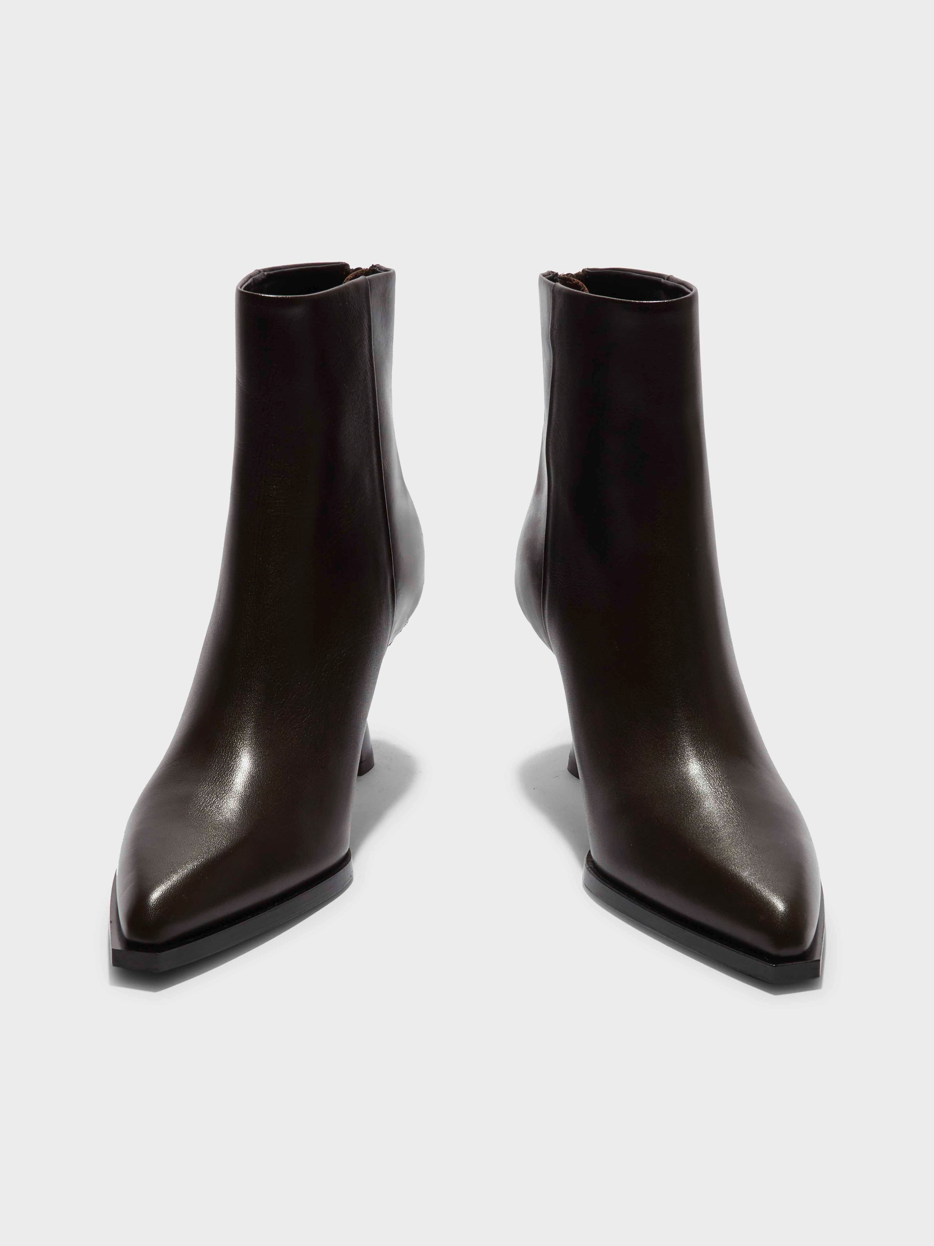 Aeyde | Kala Leather Cowboy Ankle Boots Leather Ankle Boots for Women | Moka Calf | Pointed Toe | High Heel | Front View