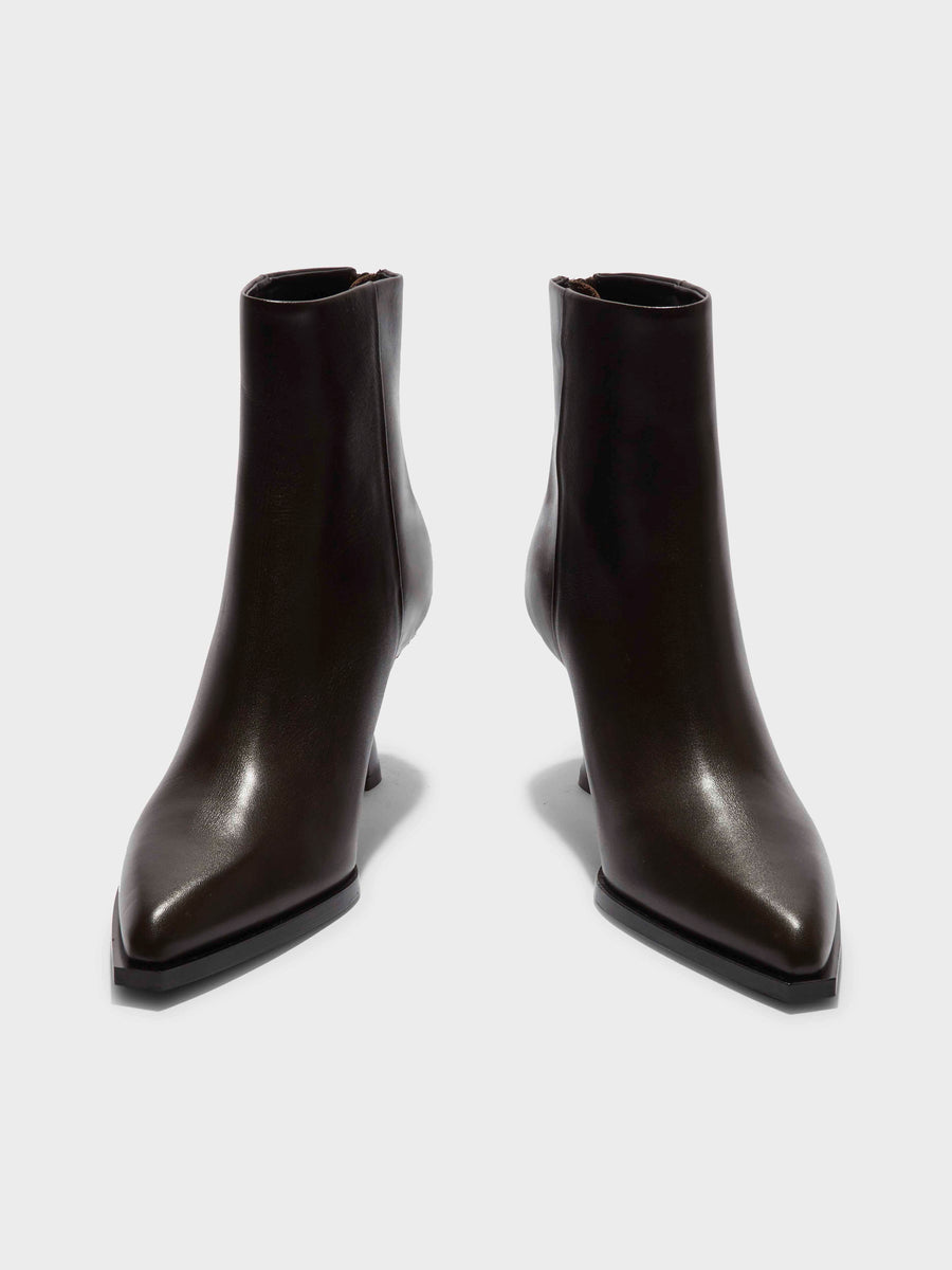Aeyde | Kala Leather Cowboy Ankle Boots Leather Ankle Boots for Women | Moka Calf | Pointed Toe | High Heel | Front View