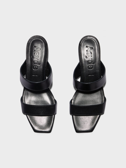 Aeyde | Kemi Leather Heeled Sandals for Women | Black Nappa | Square Toe | Mid Heel | Front View
