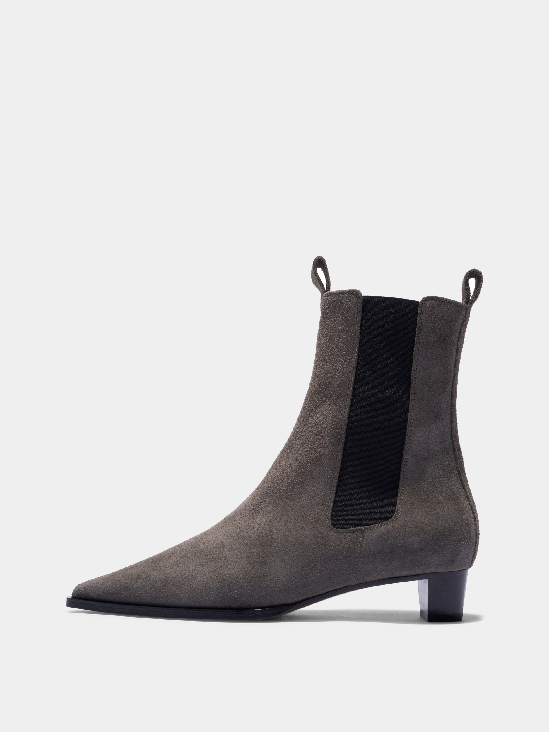 Aeyde | Kiki Suede Chelsea Boots Leather Ankle Boots for Women | Taupe Suede | Pointed Toe | Low Heel | Side View