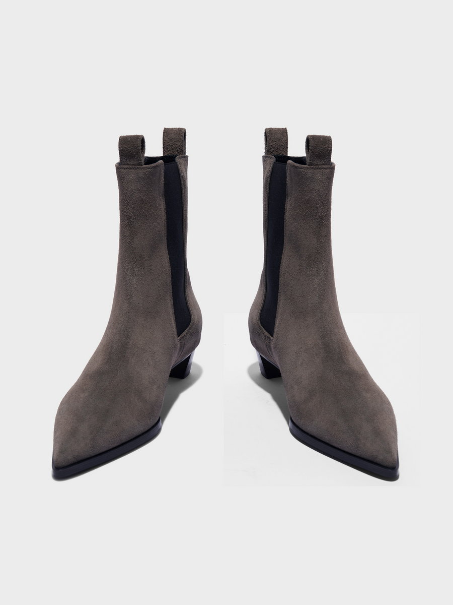 Aeyde | Kiki Suede Chelsea Boots Leather Ankle Boots for Women | Taupe Suede | Pointed Toe | Low Heel | Front View
