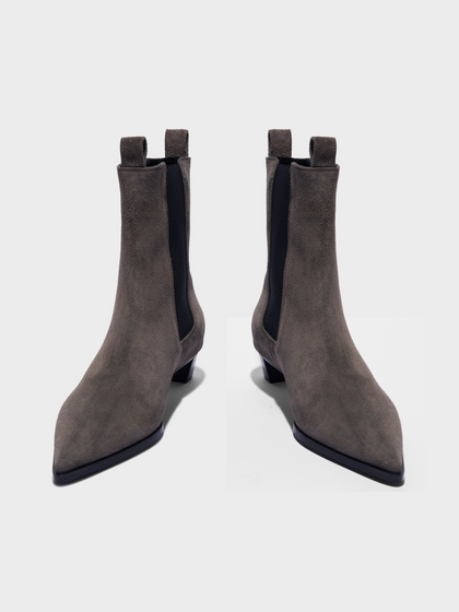 Aeyde | Kiki Suede Chelsea Boots Leather Ankle Boots for Women | Taupe Suede | Pointed Toe | Low Heel | Front View