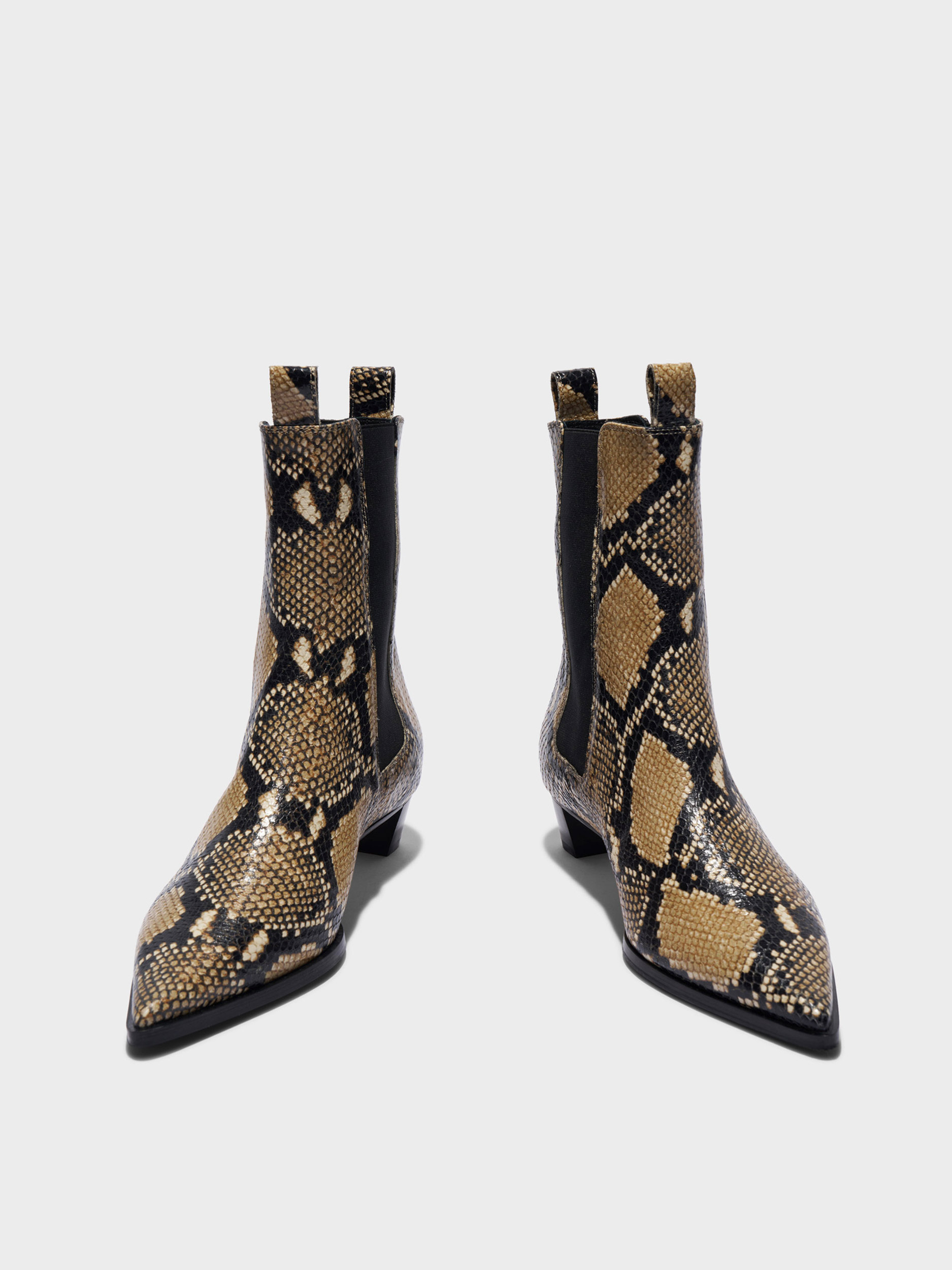 Aeyde | Kiki Leather Chelsea Boots Leather Ankle Boots for Women | Hazelnut Snake | Pointed Toe | Low Heel | Front View