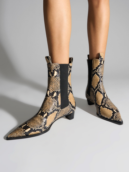 Aeyde | Kiki Leather Chelsea Boots Leather Ankle Boots for Women | Hazelnut Snake | Pointed Toe | Low Heel | On Feet