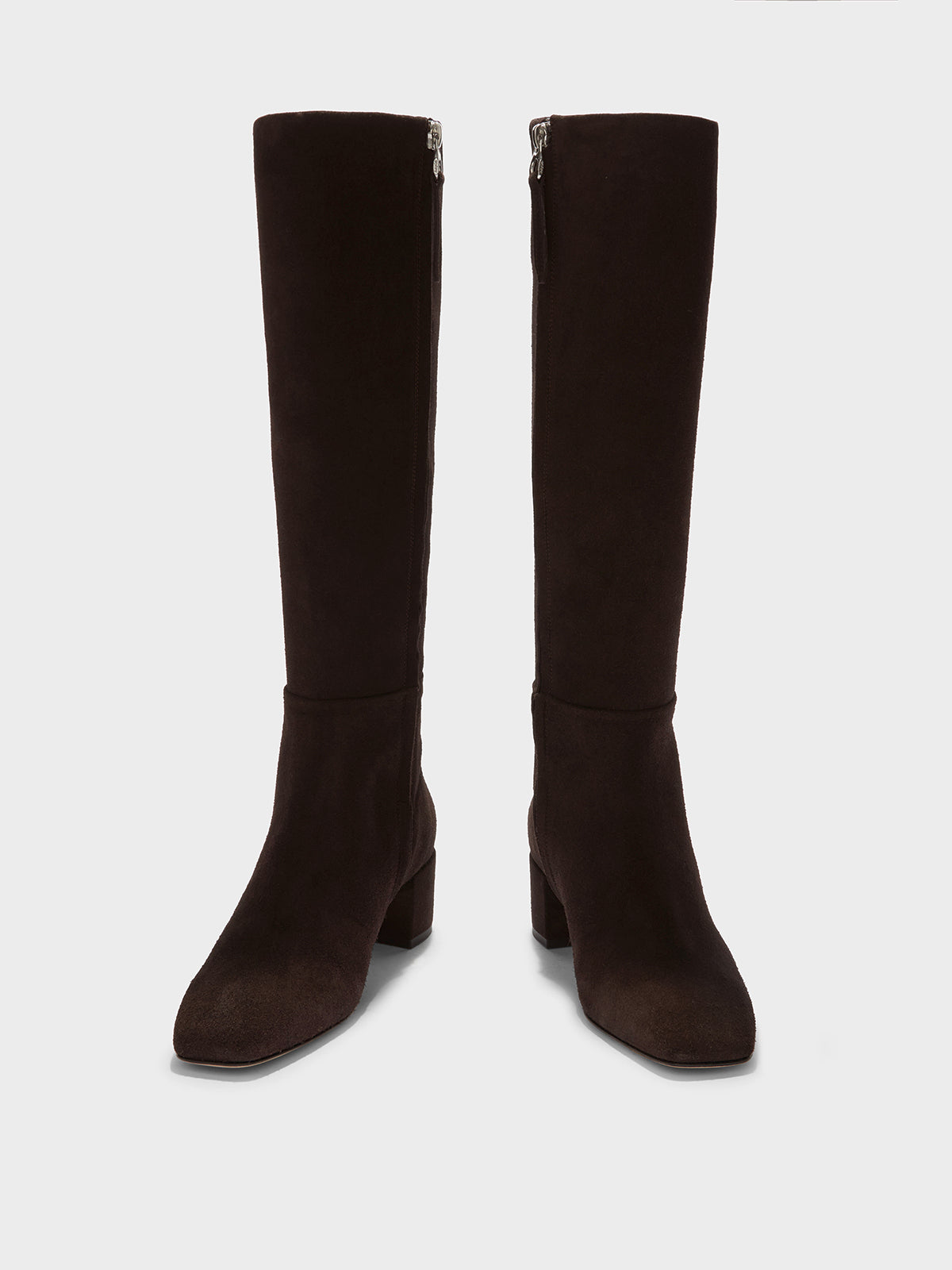 Aeyde | Laura Suede Knee-High Boots Leather Knee High Boots for Women | Moka Suede | Square Toe | Mid Heel | Front View