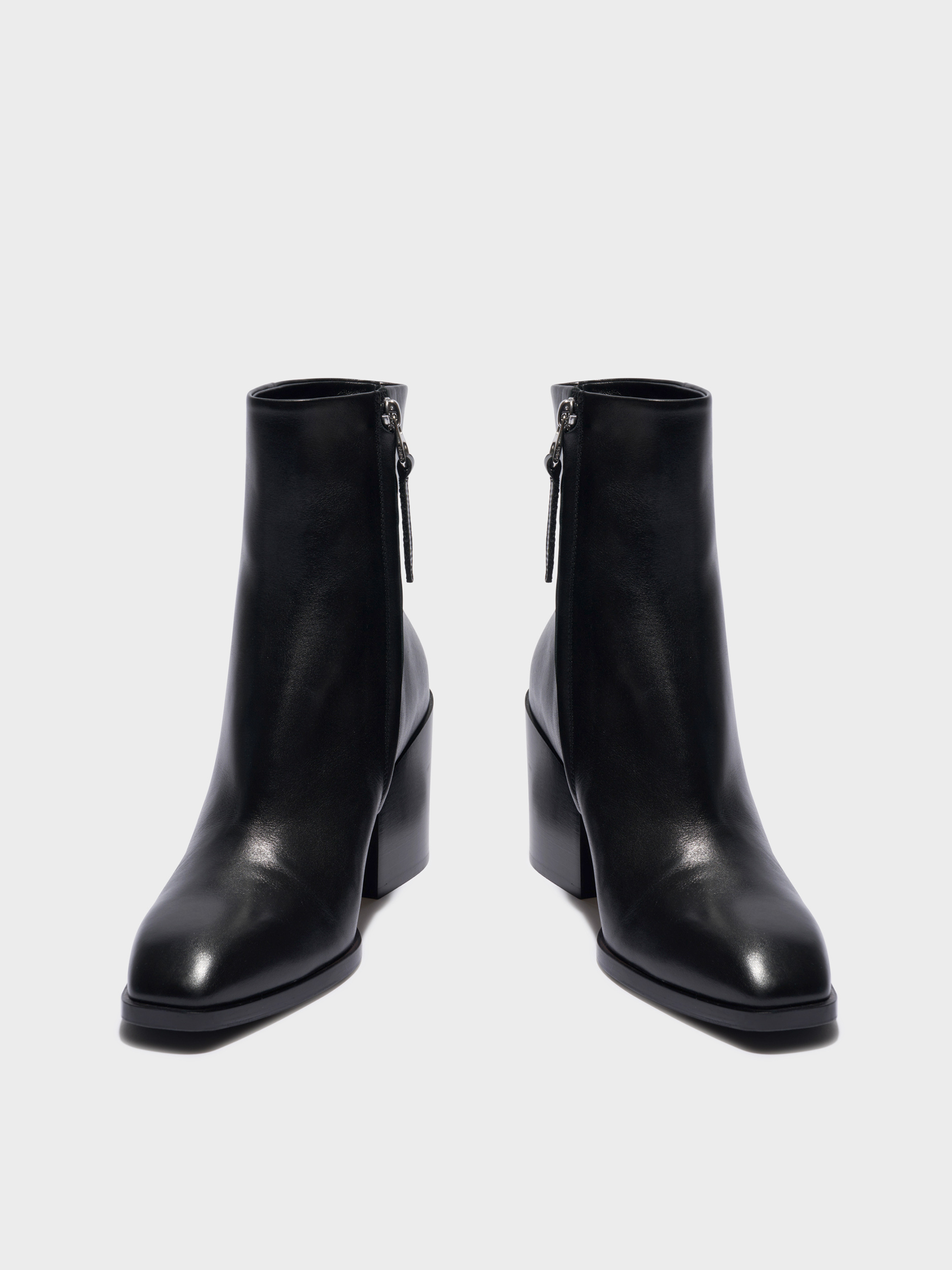 Aeyde | Leandra Leather Ankle Boots Leather Ankle Boots for Women | Black Calf | Square Toe | High Heel | Front View