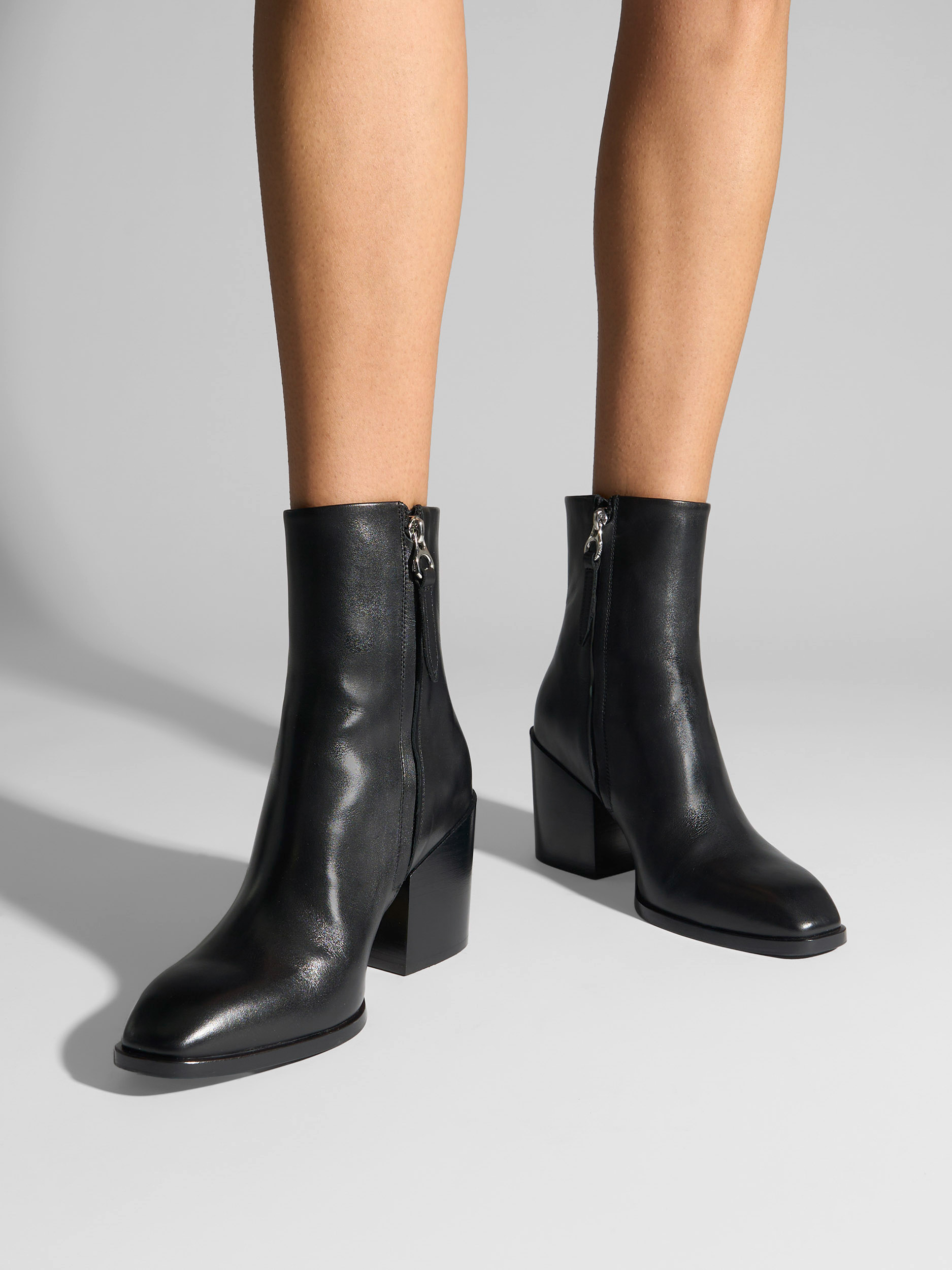 Aeyde | Leandra Leather Ankle Boots Leather Ankle Boots for Women | Black Calf | Square Toe | High Heel | On Feet