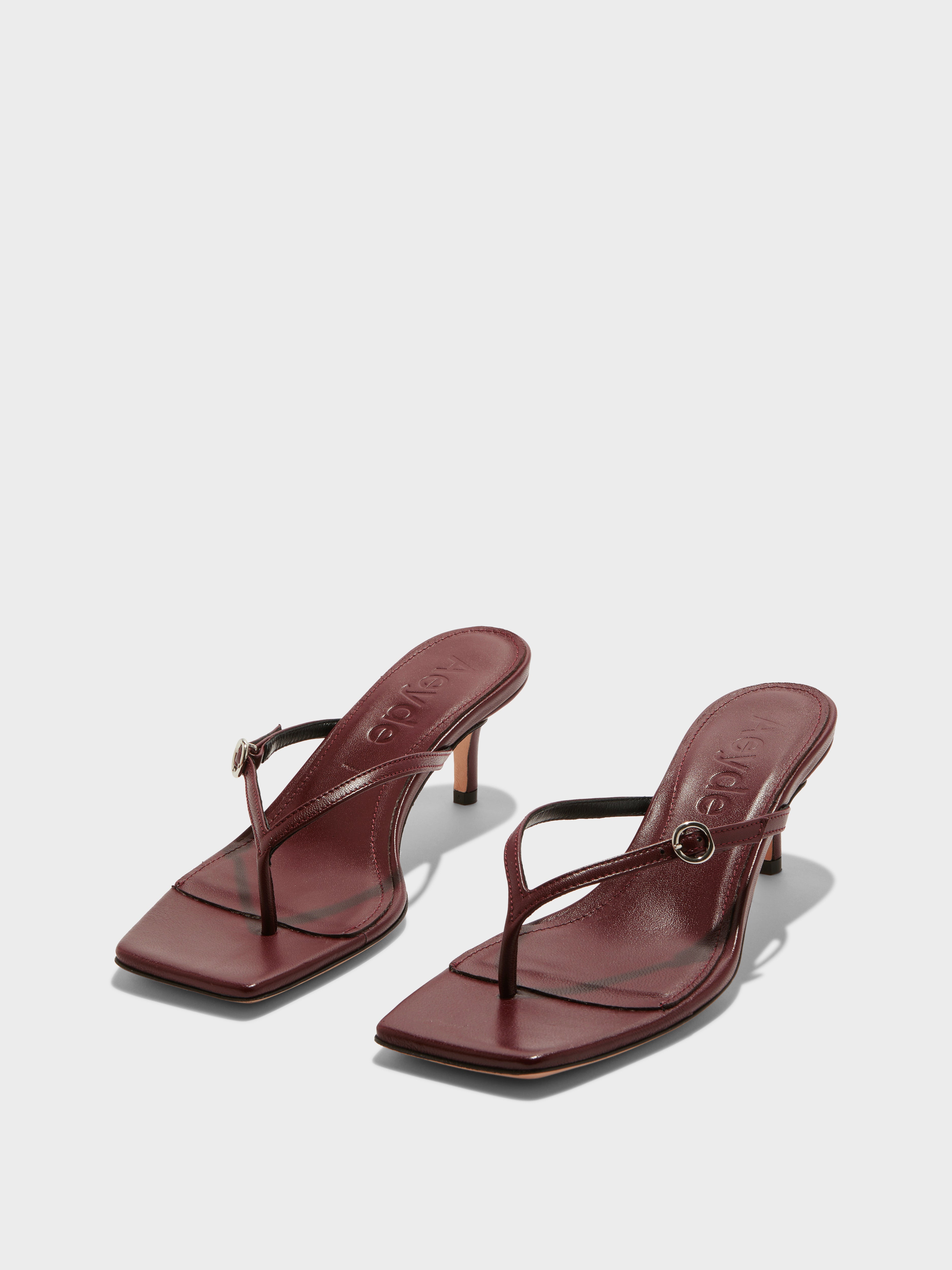 Aeyde | Leigh Leather Toe-Post Sandals Leather Heeled Sandals for Women | Port Nappa | Square Toe | Mid Heel | On Feet