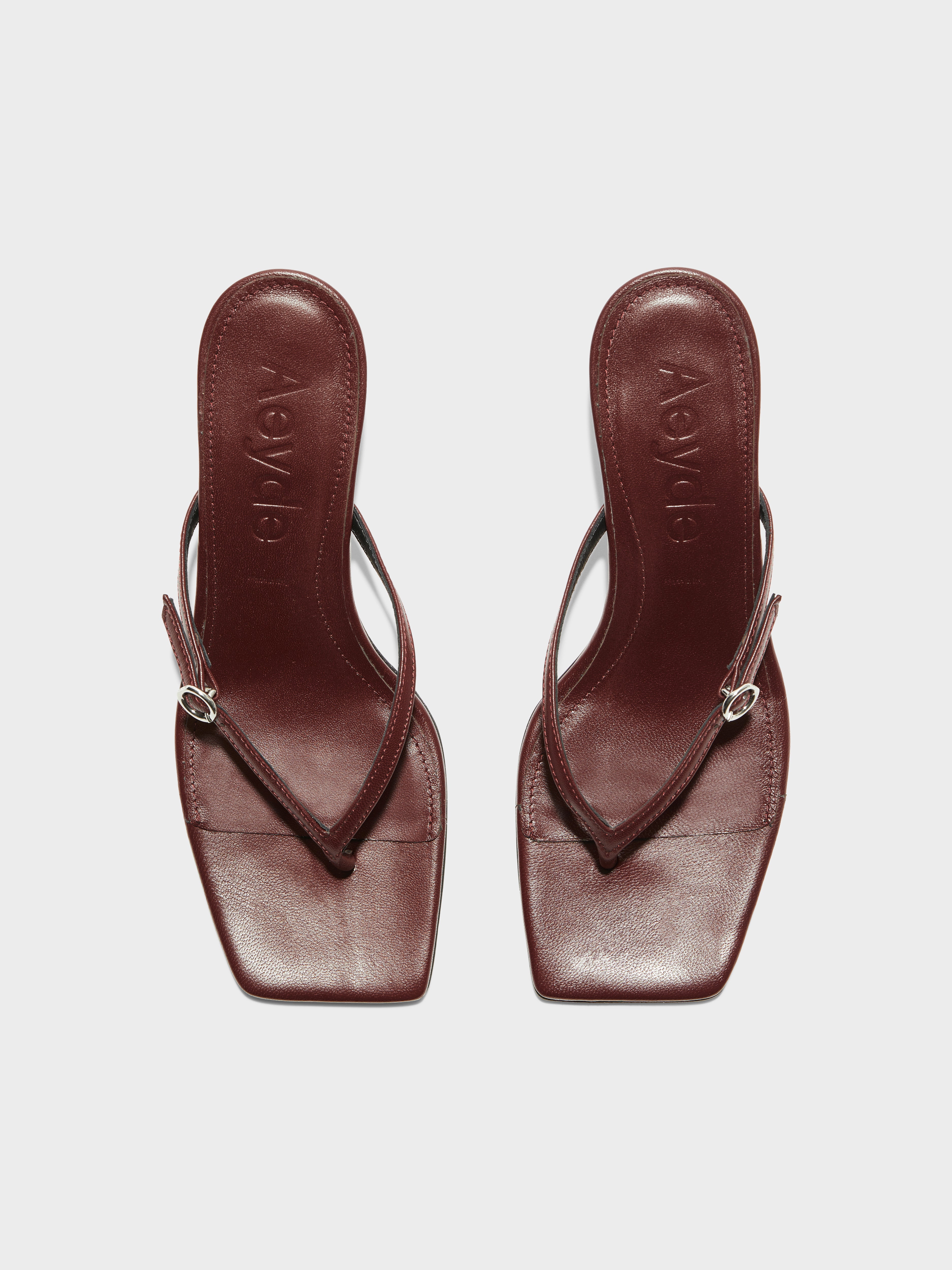 Aeyde | Leigh Leather Toe-Post Sandals Leather Heeled Sandals for Women | Port Nappa | Square Toe | Mid Heel | Front View