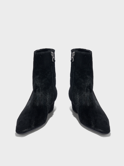 Aeyde | Lilia Pony Hair Ankle Boots Leather Ankle Boots for Women | Black Ponyhair | Square Toe | Low Heel | Heel Details